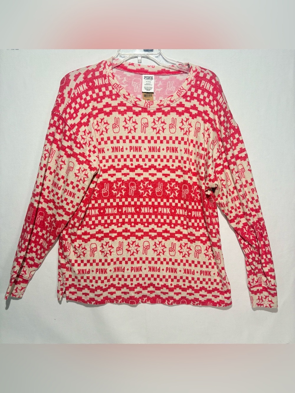 PINK Victoria's Secret Pink & Cream Patterned Crew Neck Sweater